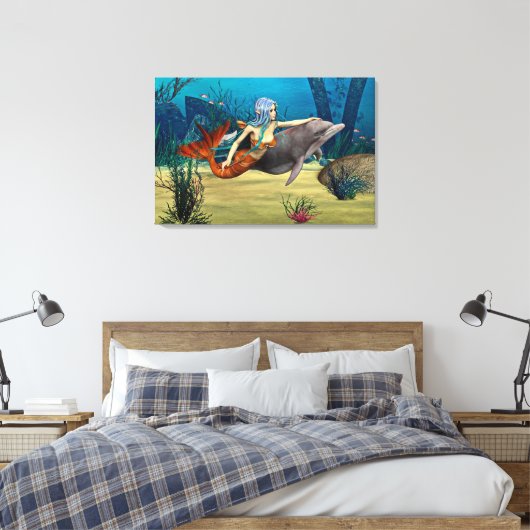 Zeemeermin met Dolphin Canvas Afdruk (Insitu (Slaapkamer))