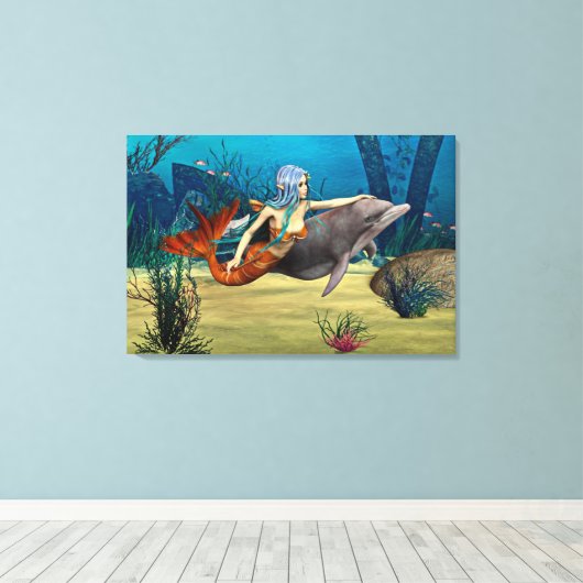 Zeemeermin met Dolphin Canvas Afdruk (Insitu (Houten vloer))
