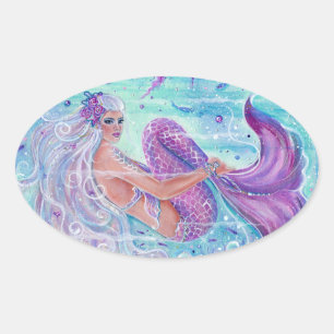 Zeemeermin met kwallen kunst door Renee Lavoie Ovale Sticker