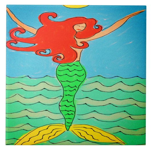 Zeemeermin met Rood Haar Abstract Schilderen Tegeltje (Voorkant)