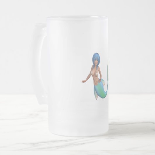 Zeemeermin met turkooishaar en staart matglas bierpul (Voorkant links)