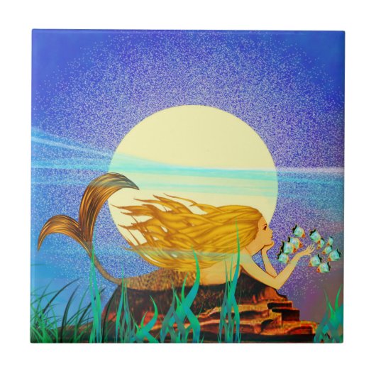 Zeemeermin met Vis en Maan Tegeltje (Voorkant)