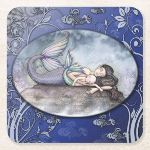 Zeemeermin Moeder en Baby Baby Shower Coasters Vierkante Kartonnen Onderzetter