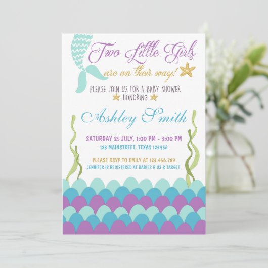 Zeemeermin onder het Zee Twins Baby shower Invitat Kaart (Staand voorkant)
