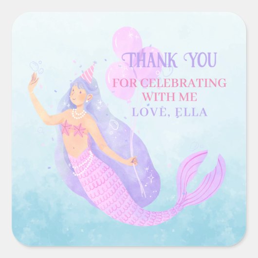 Zeemeermin Onder het Zee Verjaardagsblauw Dank u Vierkante Sticker (Voorkant)
