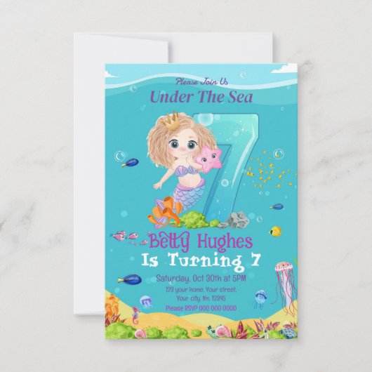 Zeemeermin onder Zee 7e verjaardag uitnodiging (Voorkant)