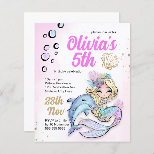 Zeemeermin Onder Zee Verjaardag Budget Uitnodiging (Voorkant / Achterkant)