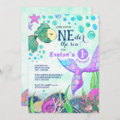 Zeemeermin ONEder het Zee 1e Verjaardag Uitnodigin Kaart (Voorkant / Achterkant)