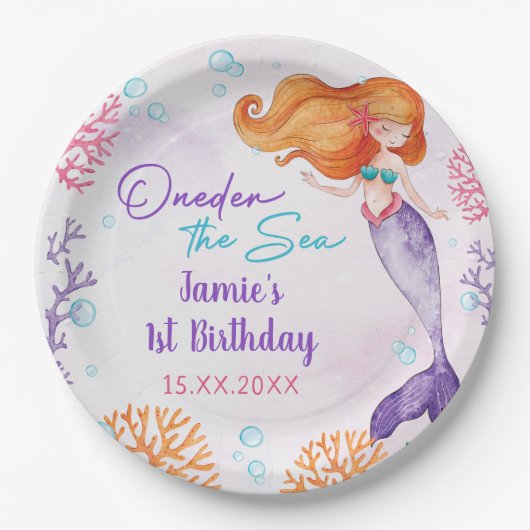 Zeemeermin Oneder Het Zee Meisje 1e Verjaardagsfee Papieren Bordje (Voorkant)