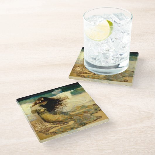 Zeemeermin op Gouden Zanden Glazen Onderzetter (Schuin)