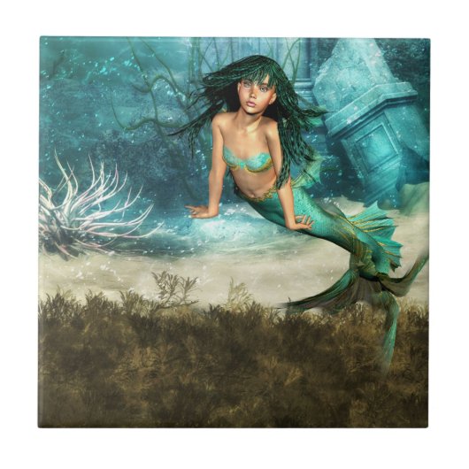 Zeemeermin op Ocean Floor Tile Tegeltje (Voorkant)
