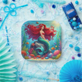 Zeemeermin rood haar papieren bordje (Feest)