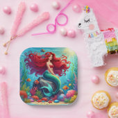 Zeemeermin rood haar papieren bordje (Feest)