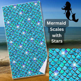 Zeemeermin schaalt Aqua Blue met witte sterren Strandlaken