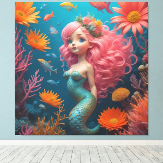 Zeemeermin schattig roze canvas afdruk (Insitu (Houten vloer))