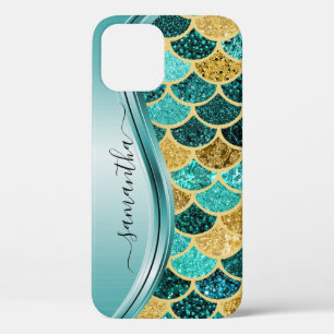 Zeemeermin Schubben Aqua Handgeschreven Naam Goud iPhone 12 Pro Hoesje