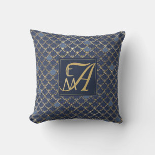 Zeemeermin Schubben Monogram Navyblauw Goud Huisde Kussen