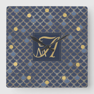 Zeemeermin Schubben Monogram Navyblauw Goud Huisde Vierkante Klok