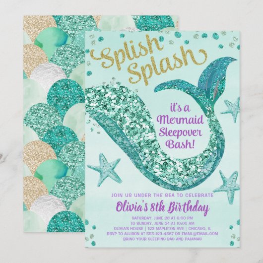 Zeemeermin sleepover verjaardagsfeestje kaart (Voorkant / Achterkant)