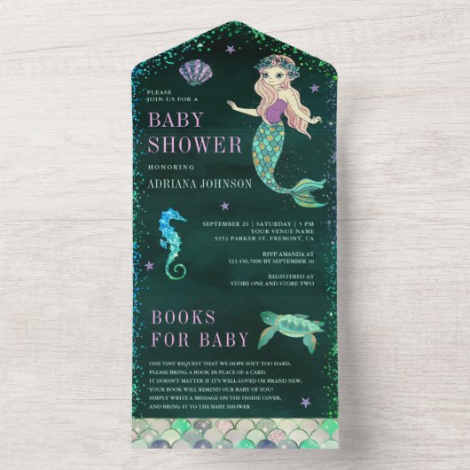 Zeemeermin Smaragdgroene Baby Shower All In One Uitnodiging (Binnen)