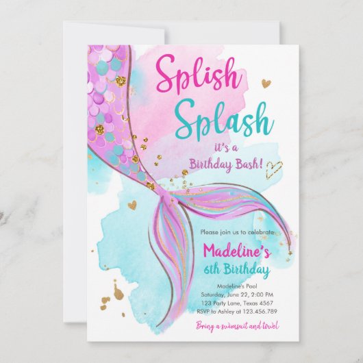 Zeemeermin Splish Splash Birthday Bash Meisje Goud Kaart (Voorkant)