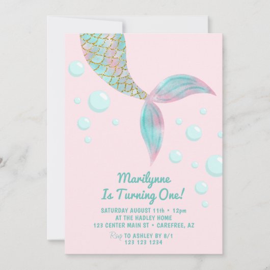 Zeemeermin staart roze 1e verjaardag uitnodiging (Voorkant)