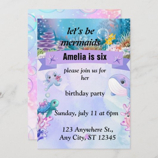 Zeemeermin-thema verjaardagsfeestje uitnodiging-Cu Kaart (Voorkant / Achterkant)