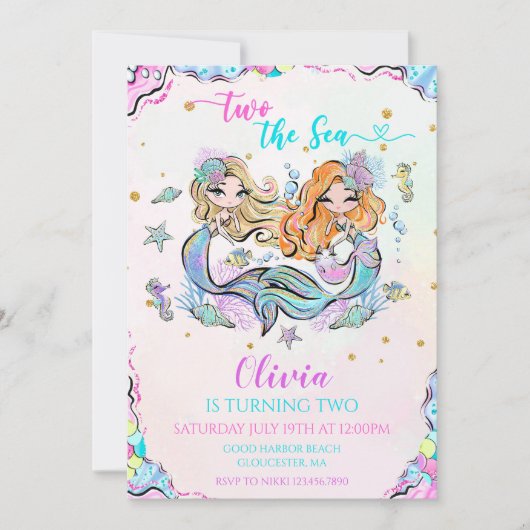 Zeemeermin Twee Het Zee 2e Verjaardagsfeest Kaart (Voorkant)