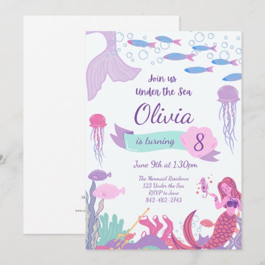 Zeemeermin uitnodiging, Zeemeermin verjaardagsuitn Kaart (Voorkant / Achterkant)