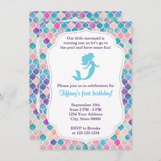 Zeemeermin Verjaardag Uitnodiging met Terug (Voorkant / Achterkant)