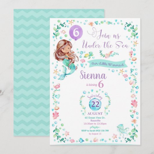 Zeemeermin Verjaardag Uitnodiging Zeemeermin Party (Voorkant / Achterkant)