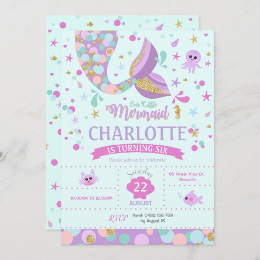 Zeemeermin Verjaardag Uitnodigingen Zeemeerminnenf (Voorkant / Achterkant)