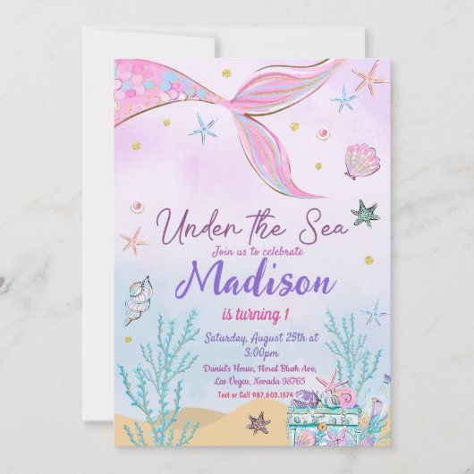 Zeemeermin verjaardagsuitnodiging onder het Zee Kaart (Voorkant)