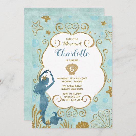 Zeemeermin Verjaardagsuitnodiging Onder Het Zee St Kaart (Voorkant / Achterkant)