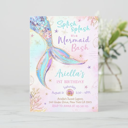 Zeemeermin Verjaardagsuitnodiging Zeemeermin Bash  Kaart (Staand voorkant)