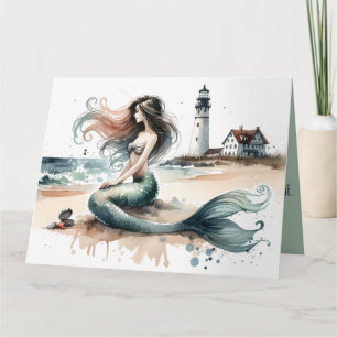 Zeemeermin Vuurtoren Kust Watercolorscene Kaart