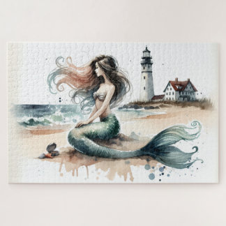 Zeemeermin Vuurtoren Kust Watercolorscene Legpuzzel