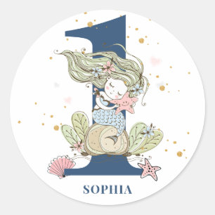 Zeemeermin Waterverf 1e verjaardag Ronde Sticker