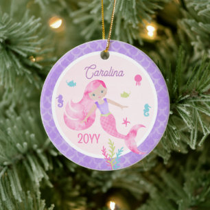 Zeemeermin Waterverf Roze & Paarse Aandenken Keramisch Ornament