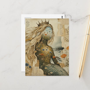 Zeemeermin Wildbloem Mixed Media Collage Briefkaart