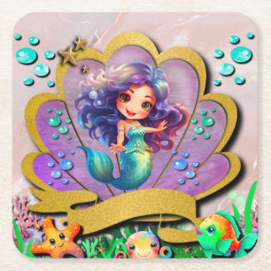 Zeemeermin, zeeschelp, Zee Dieren Vrienden, Koraal Vierkante Kartonnen Onderzetter
