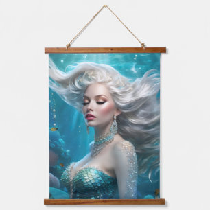 Zeemeermin Zilver Haar Turquoise Oceaan Hangend Wandkleed