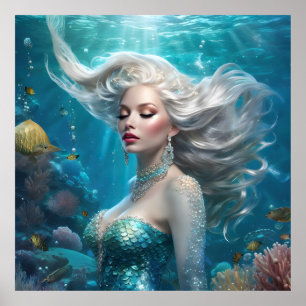 Zeemeermin Zilver Haar Turquoise Oceaan Poster