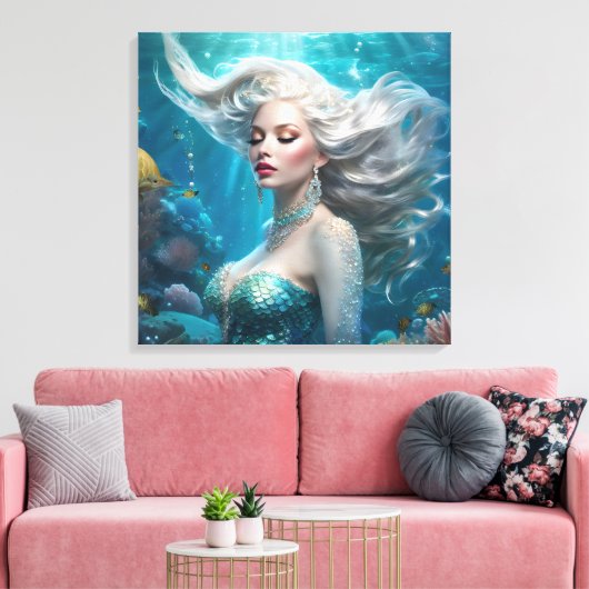 Zeemeermin Zilveren Haar Turquoise Oceaan Canvas Afdruk (Insitu (Woonkamer))