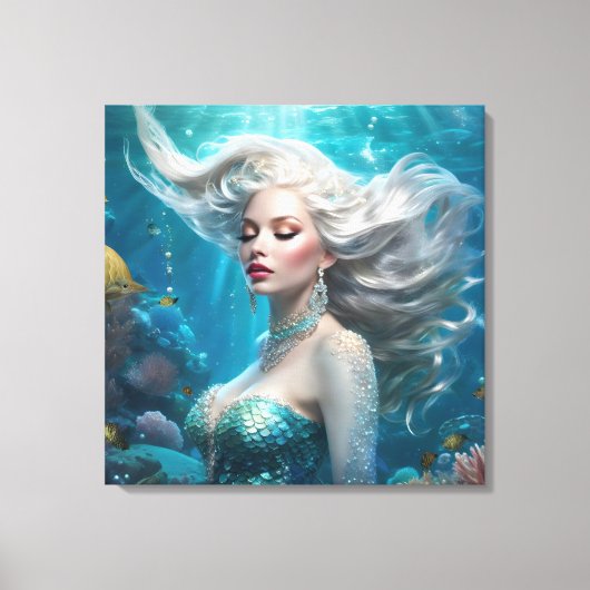 Zeemeermin Zilveren Haar Turquoise Oceaan Canvas Afdruk (Voorkant)