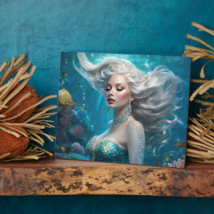 Zeemeermin Zilveren Haar Turquoise Oceaan Fotoplaat
