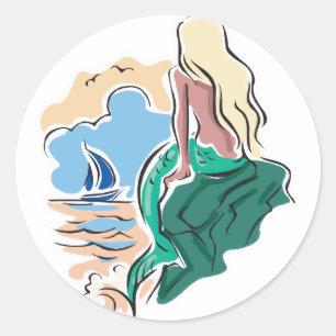 zeemeermin zit op rots ronde sticker