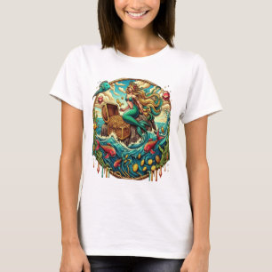 Zeemeermin zittend op een rots met een open schat t-shirt