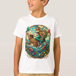 Zeemeermin zittend op een rots met een open schat t-shirt
