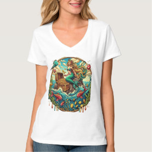 Zeemeermin zittend op een rots met een open schat t-shirt